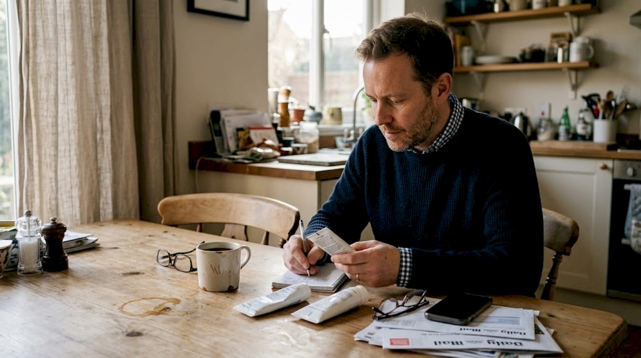 Man writing skincare notes at kitchen table