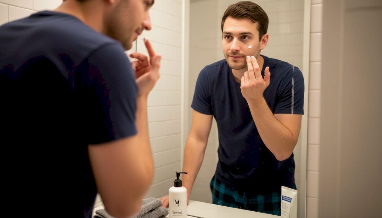 Man applying dermatologist skincare at home