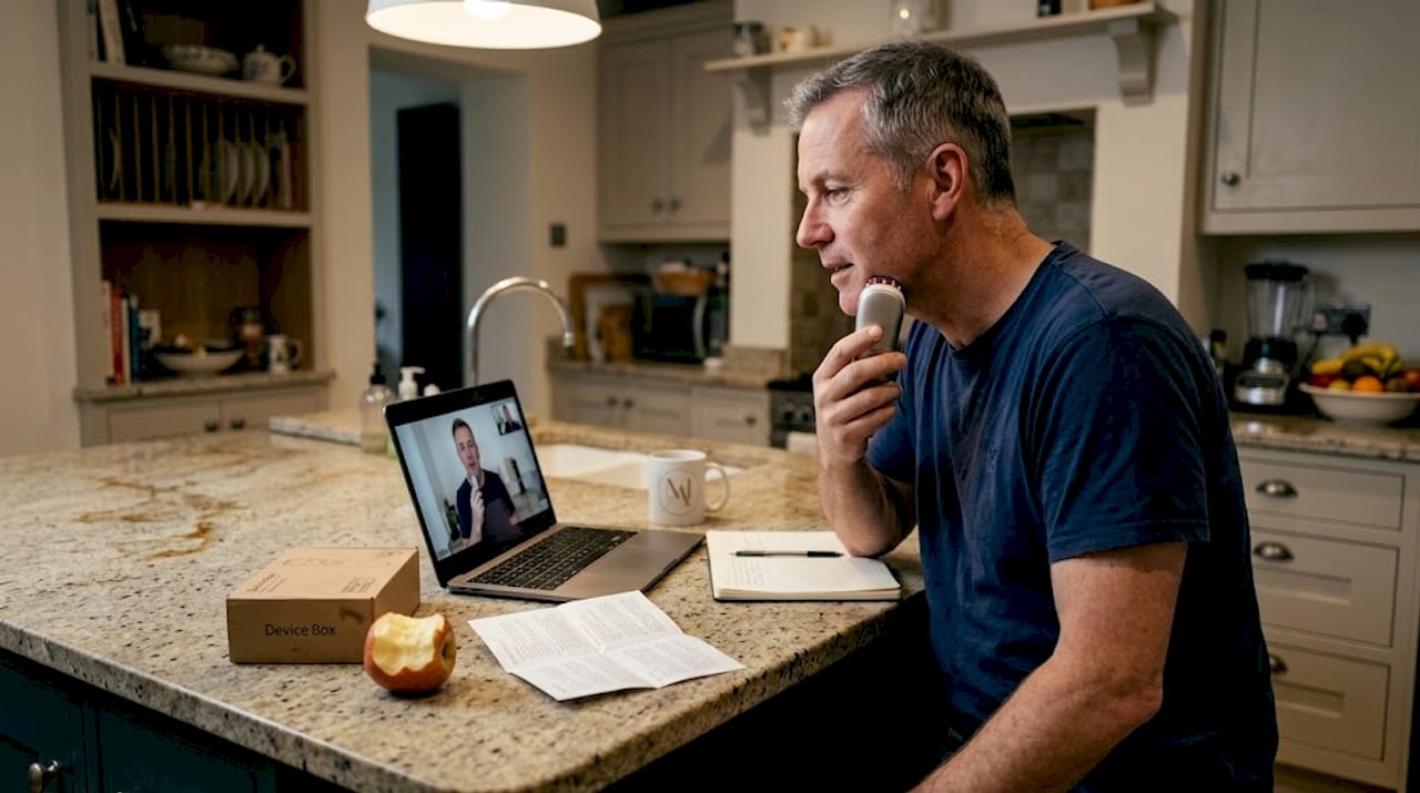 Man applying radiofrequency device at home