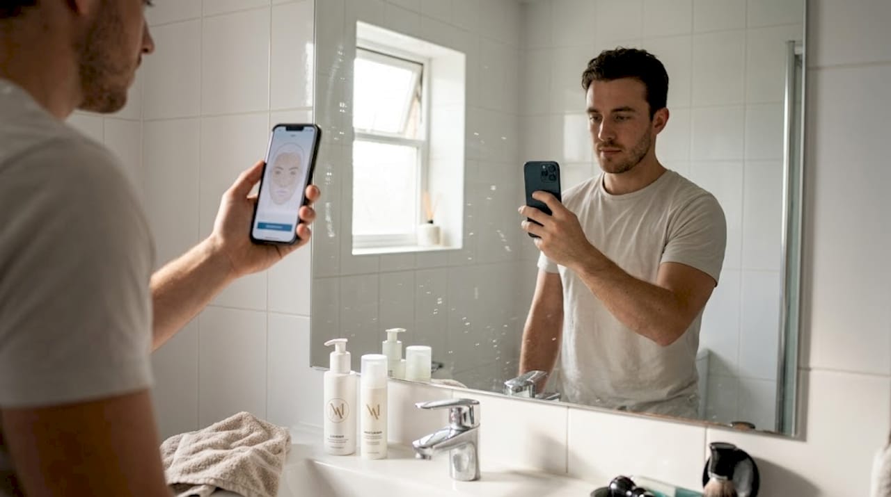 Man using phone for skincare analysis in bathroom