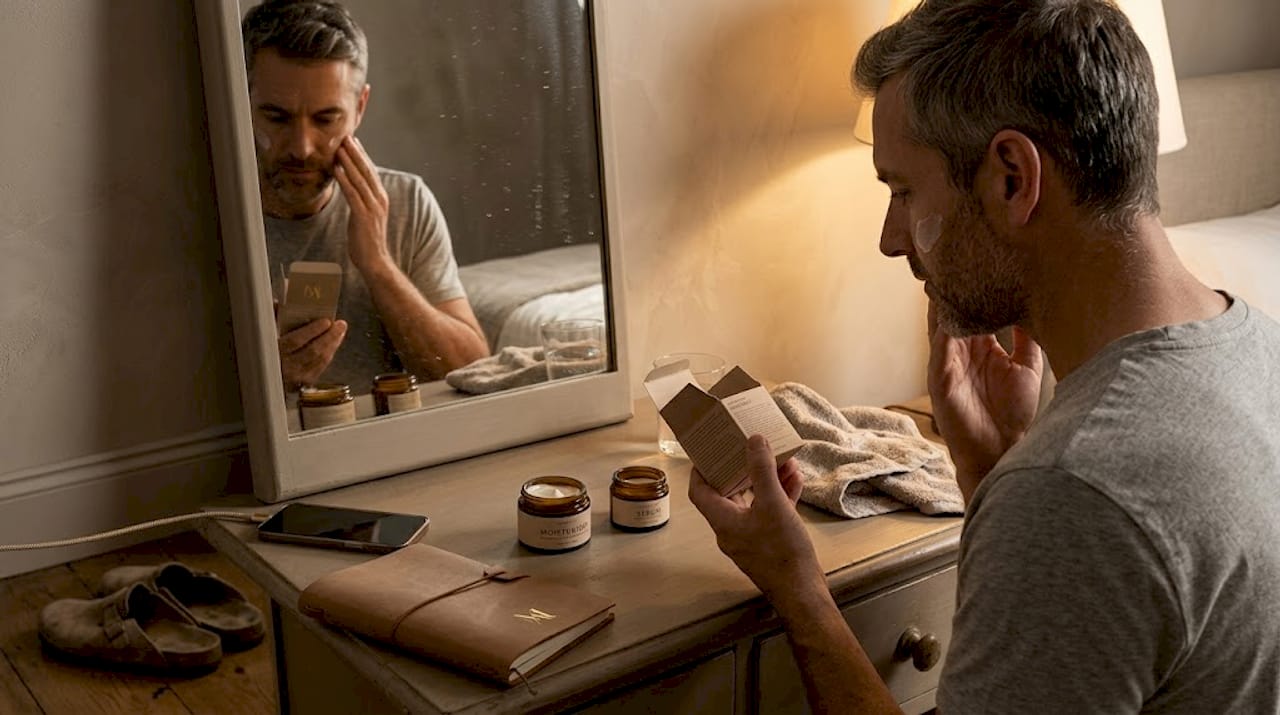 Man using advanced skincare at bedroom vanity