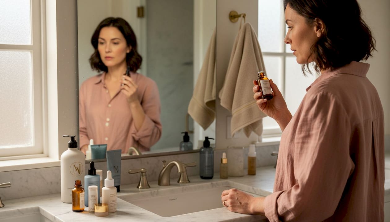 Woman examining skincare bottles in bright bathroom