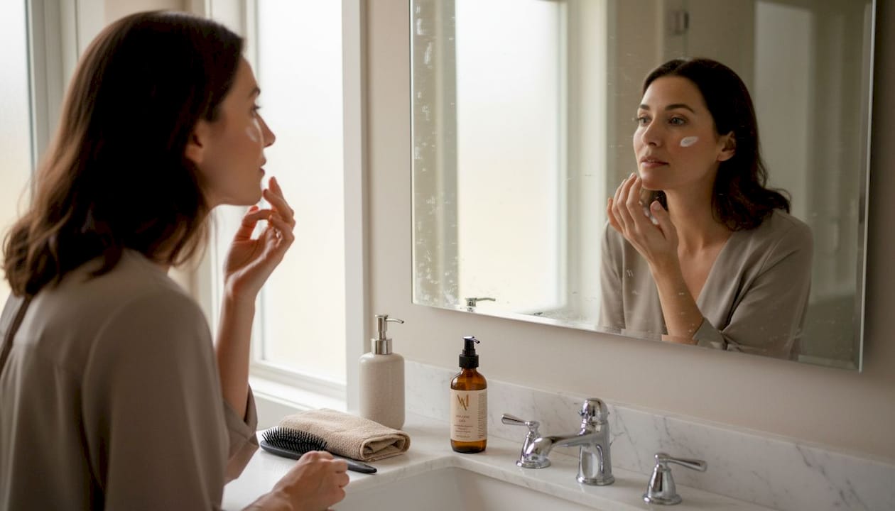 Dermatologist applies cream in bright bathroom