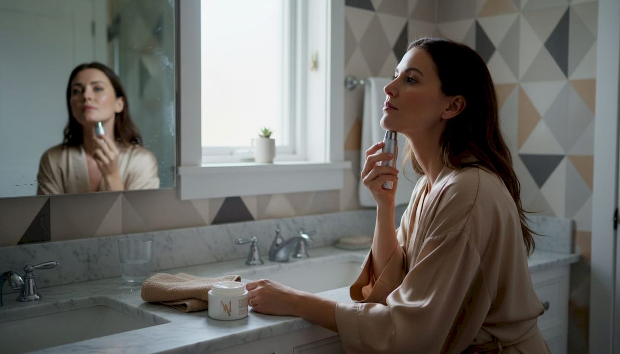Woman using radiofrequency skincare device at home