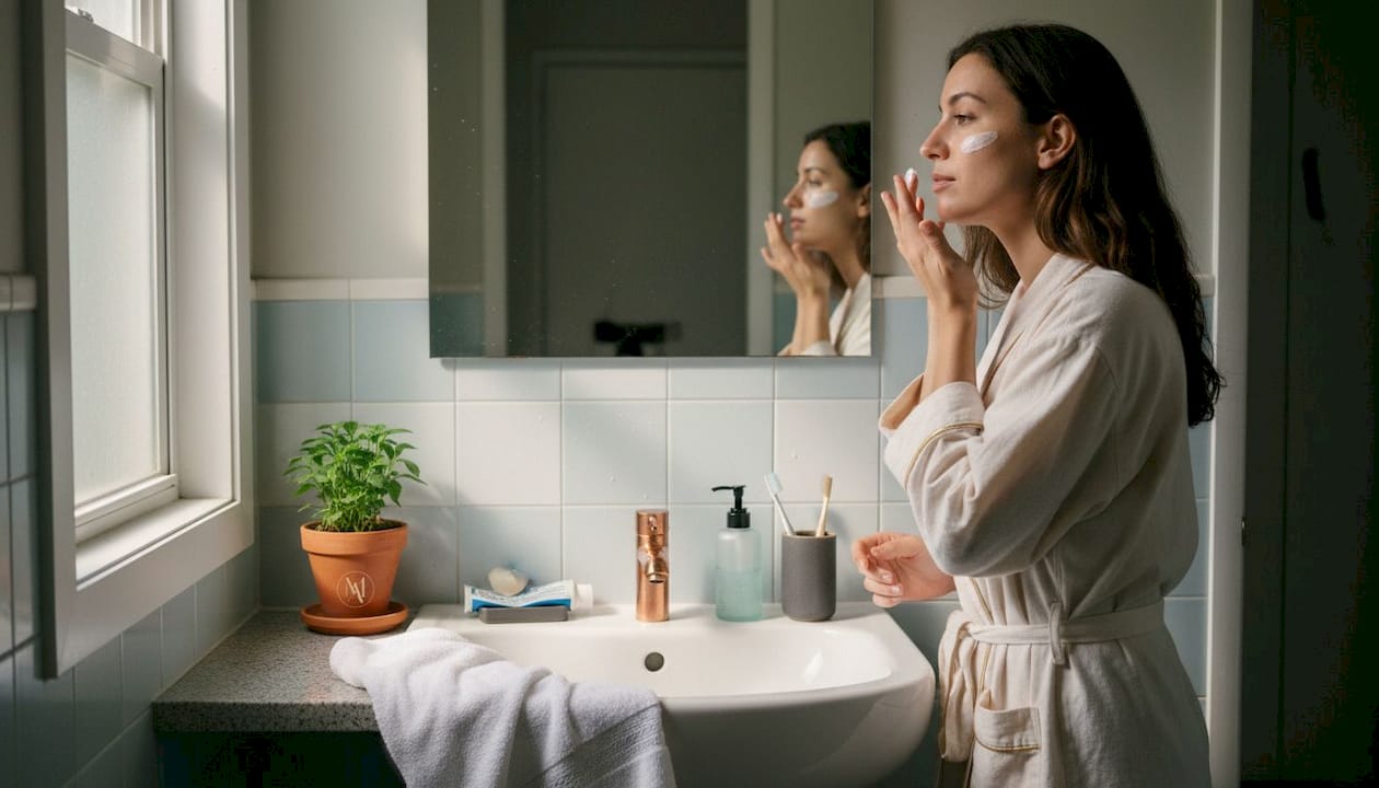 Woman applying sunscreen in home bathroom mirror