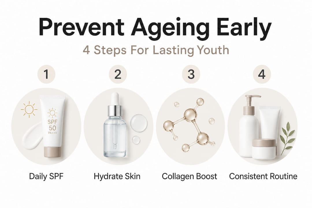 Infographic with steps for early skin ageing prevention