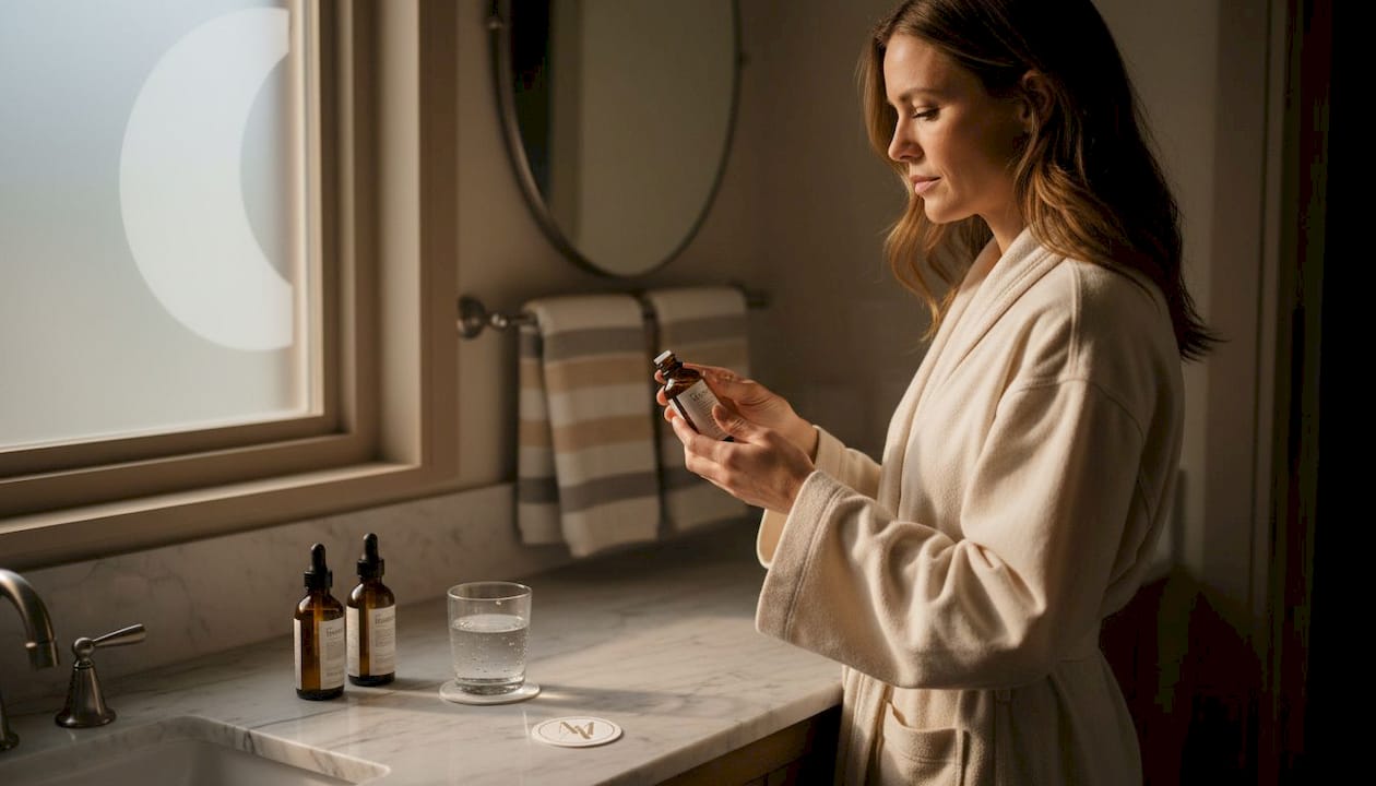 Woman reading skincare serum label in bright bathroom
