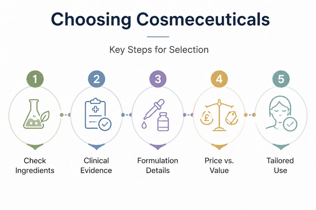 Infographic showing five steps to choose cosmeceutical skincare