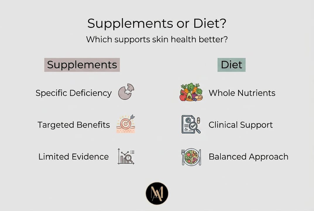 Infographic comparing supplements and diet for skin