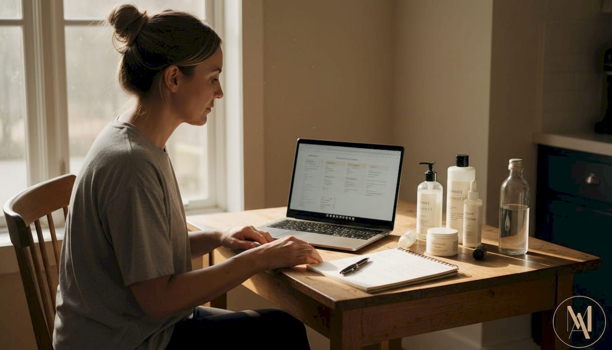 Woman reviews skincare routine chart at kitchen table