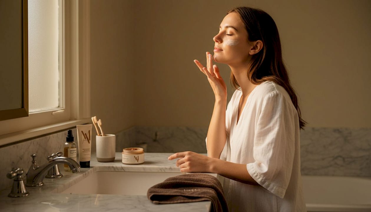 Woman applies exfoliant in morning bathroom routine