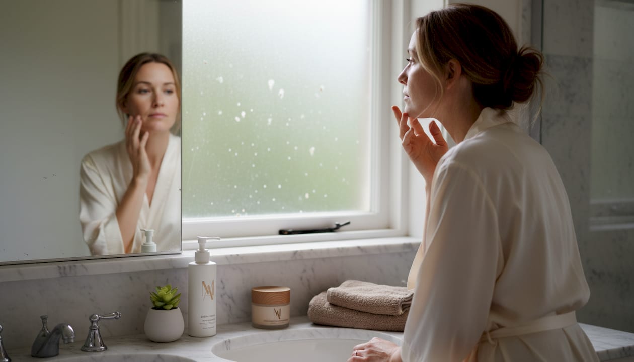 Woman examines skin in bathroom mirror