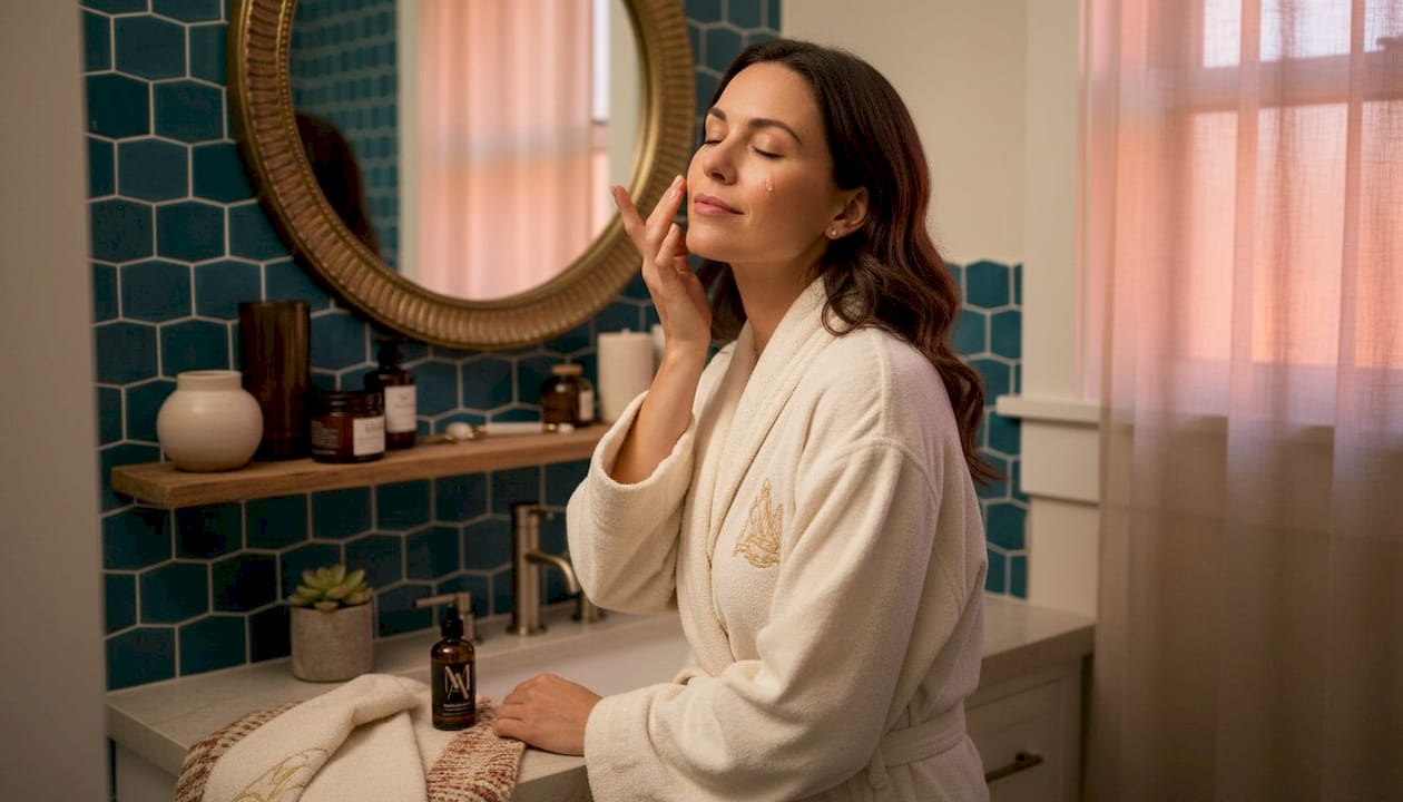 Woman applying facial serum at her bathroom mirror