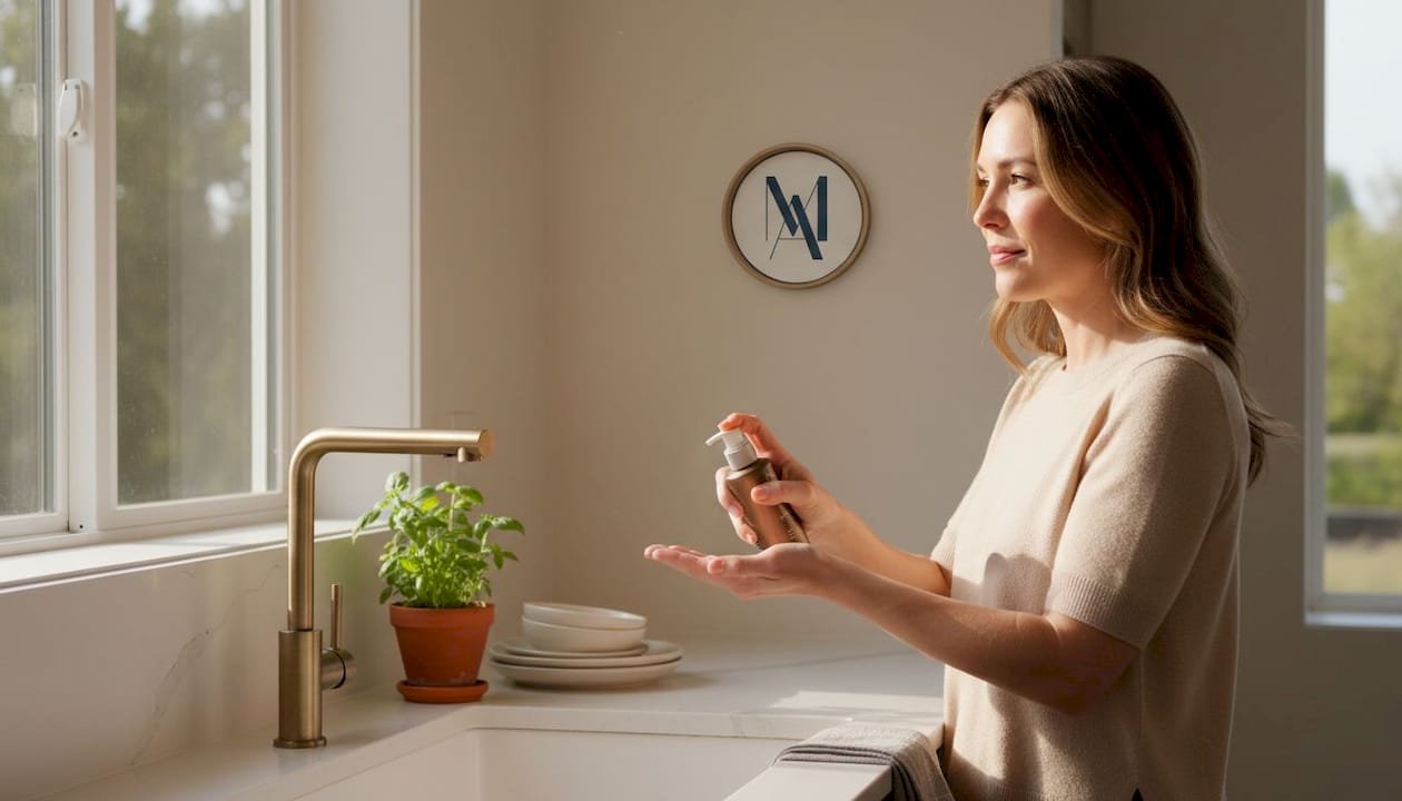 Woman applying sunscreen in bathroom