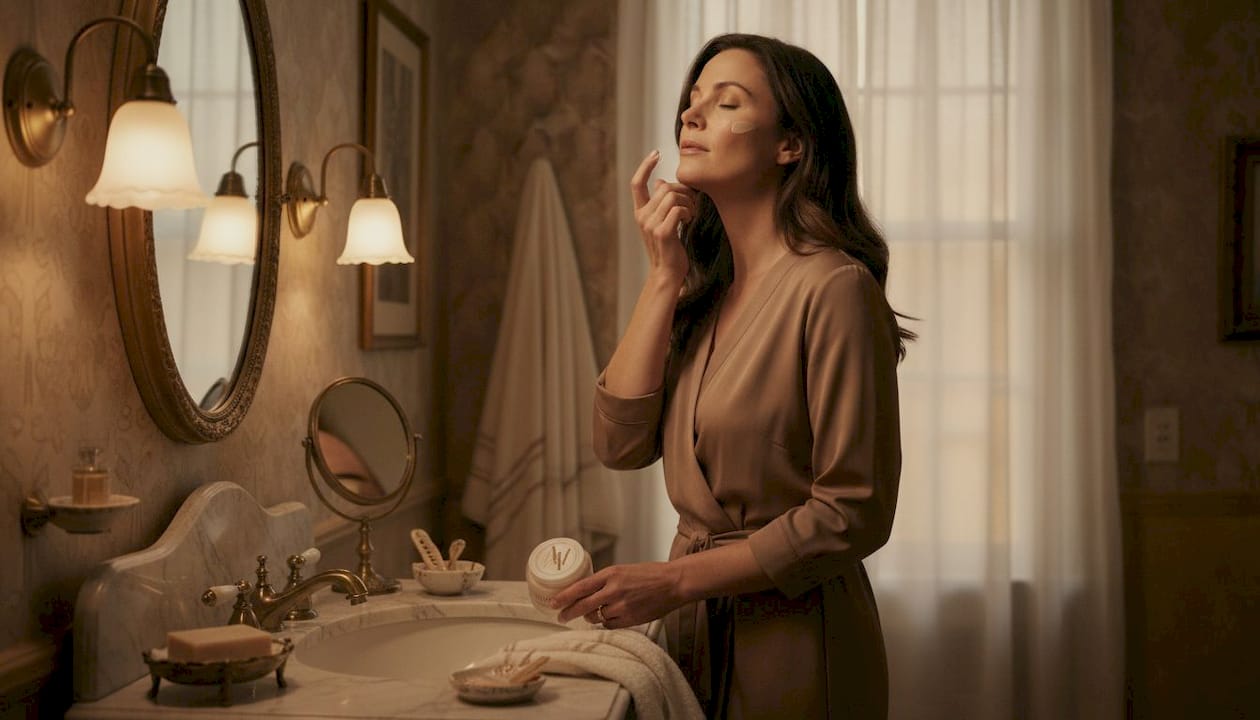 Woman applies cream during evening skincare routine