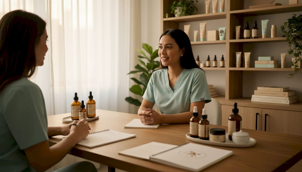Practitioner discusses skincare routine with client