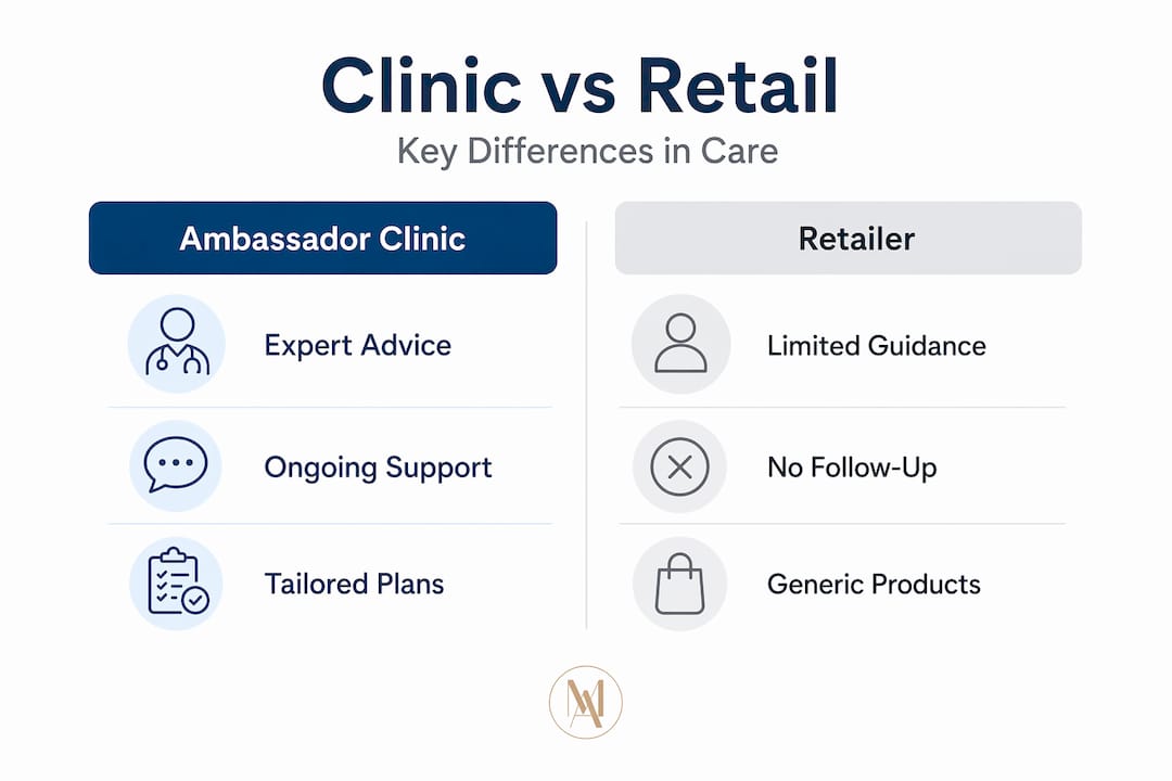 Split infographic comparing clinics and retailers