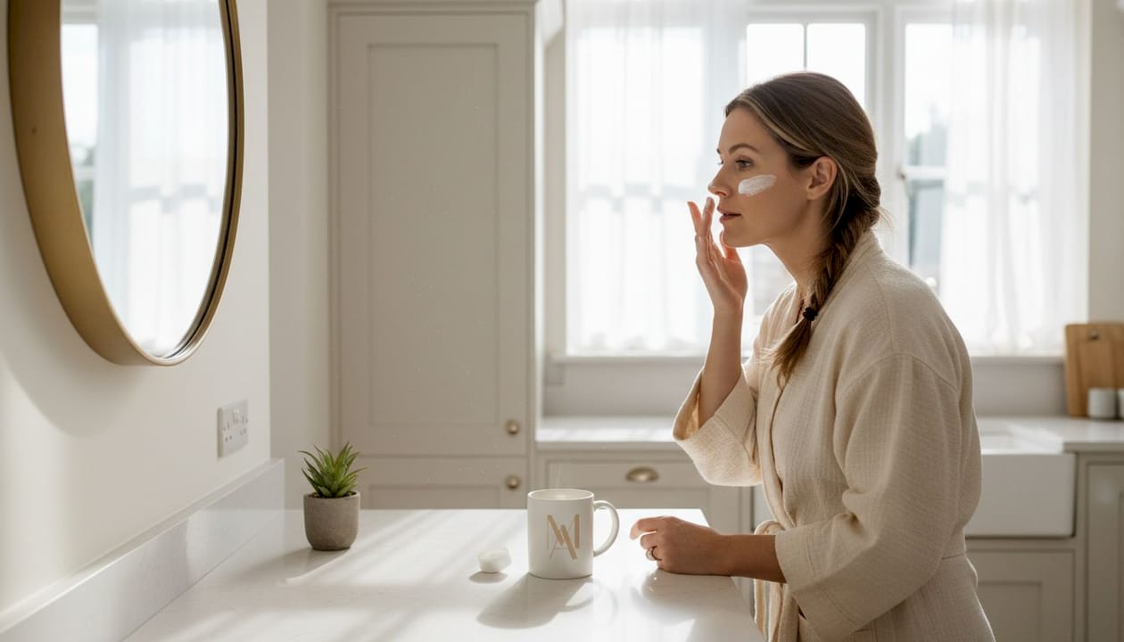 Woman applies sunscreen at bathroom mirror