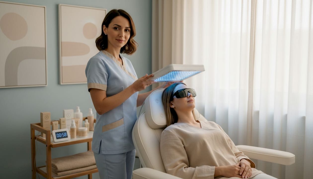 Clinic scene showing LED light acne therapy