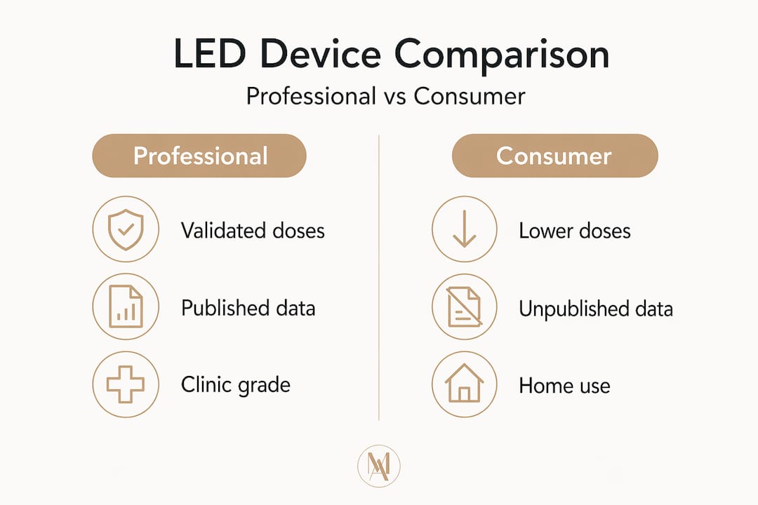 Infographic comparing professional and consumer LED devices