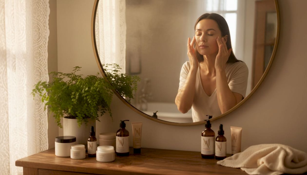 Woman applies skincare at bathroom sink