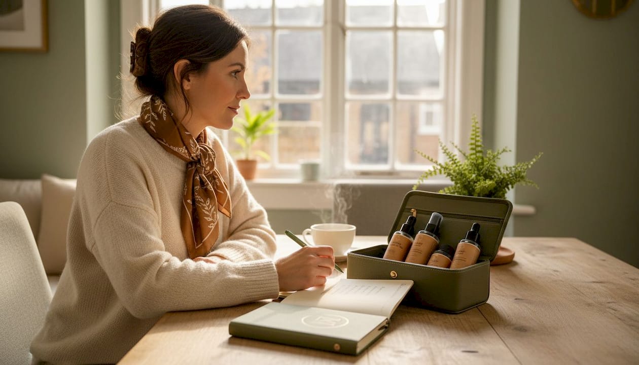 Woman listing skincare products before consultation