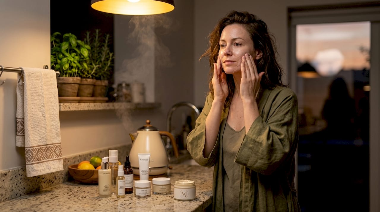 Woman exfoliating skin in evening bathroom