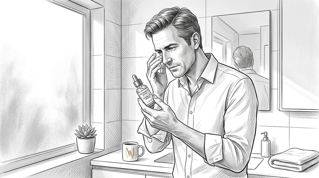 Man inspecting skincare bottle in bedroom