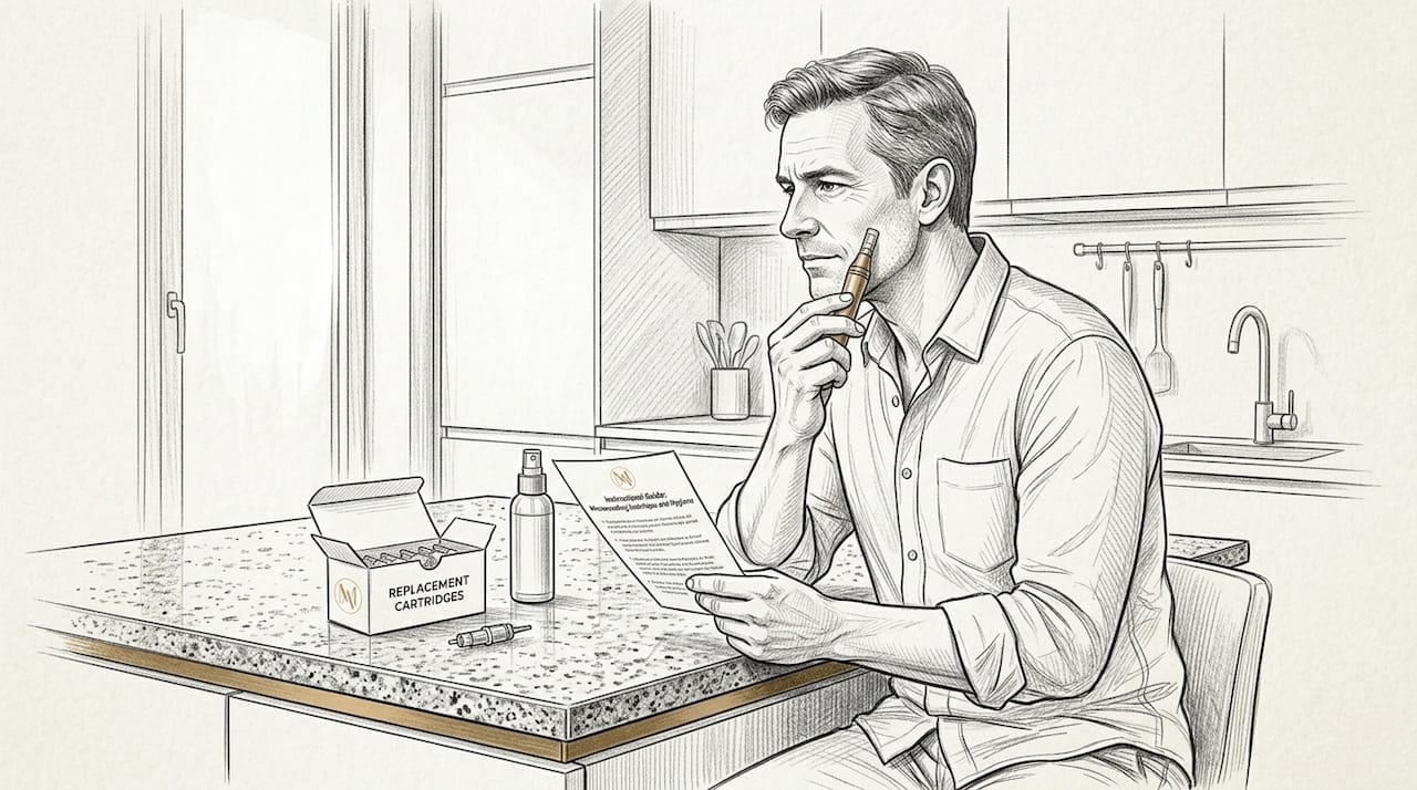 Man using microneedling pen at bathroom counter