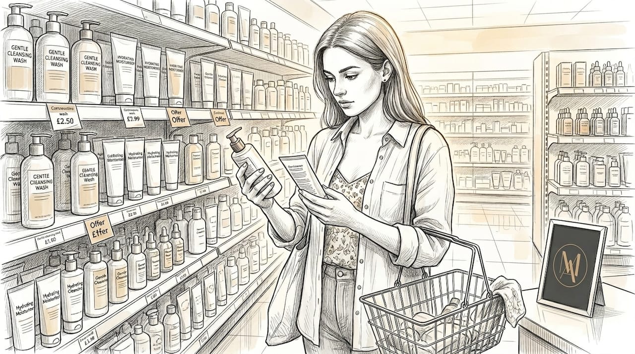 Woman choosing gentle cleanser drugstore aisle
