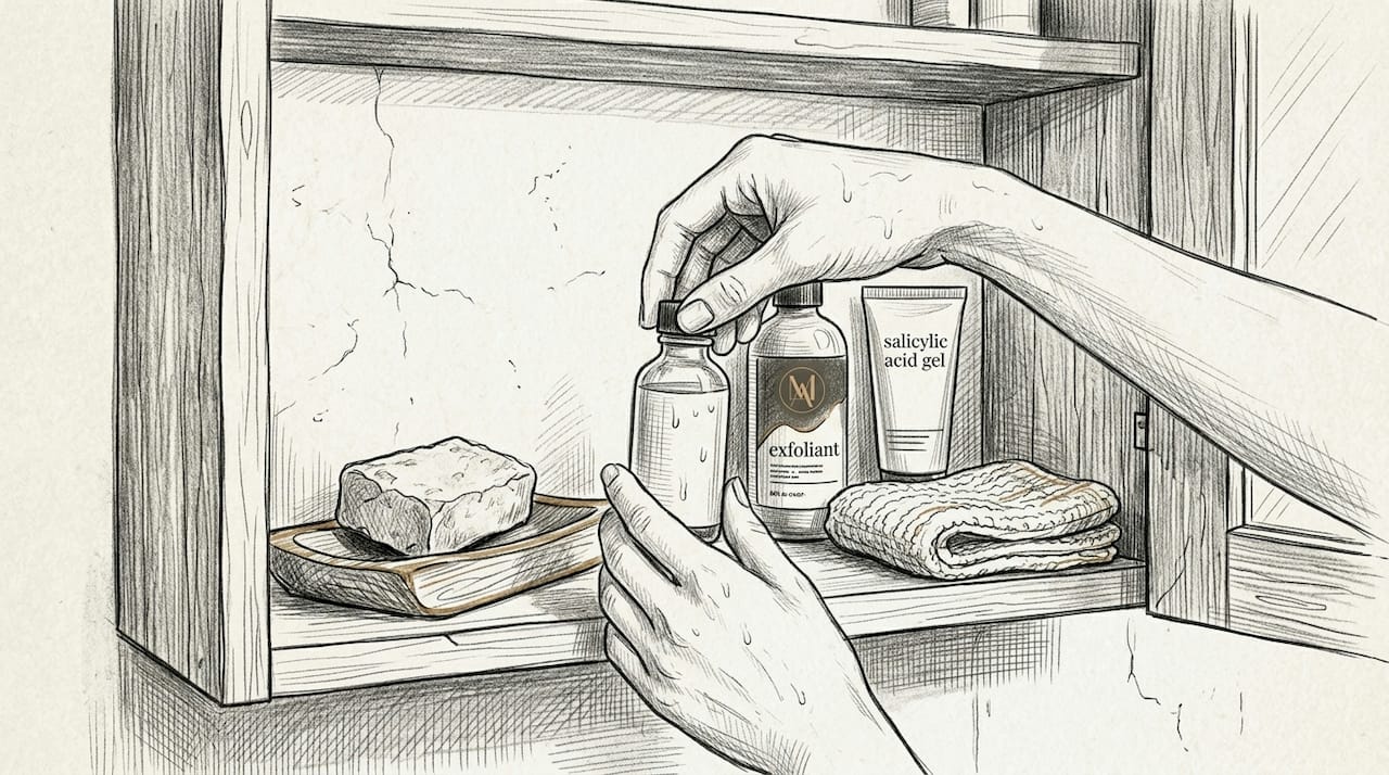 Bathroom shelf with exfoliant products for oily skin
