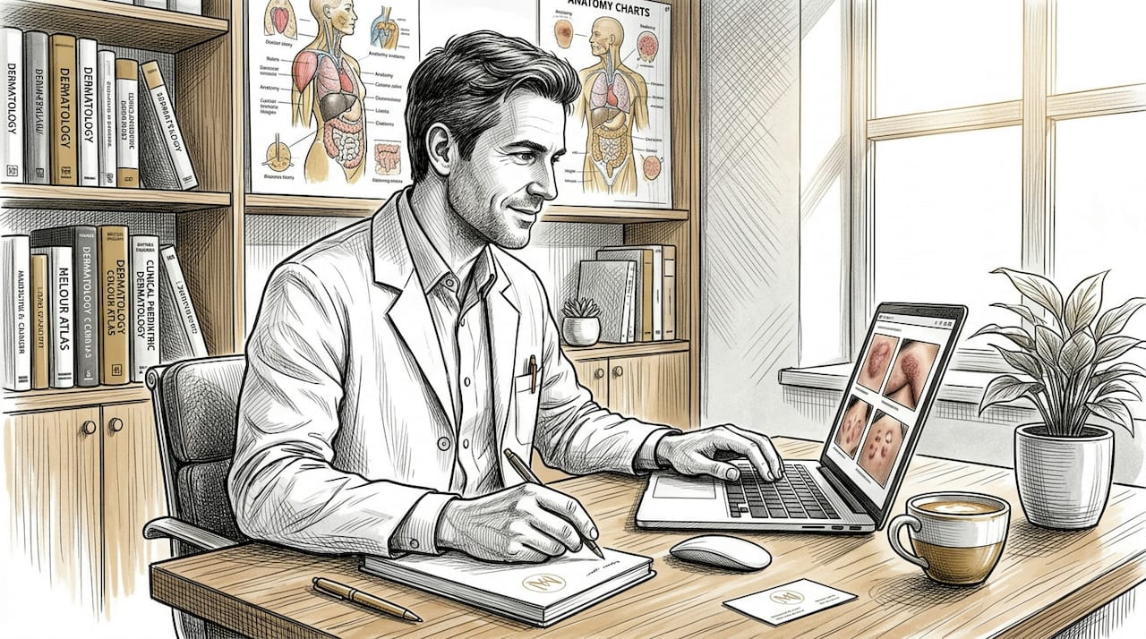 Dermatologist reviewing skin images on computer