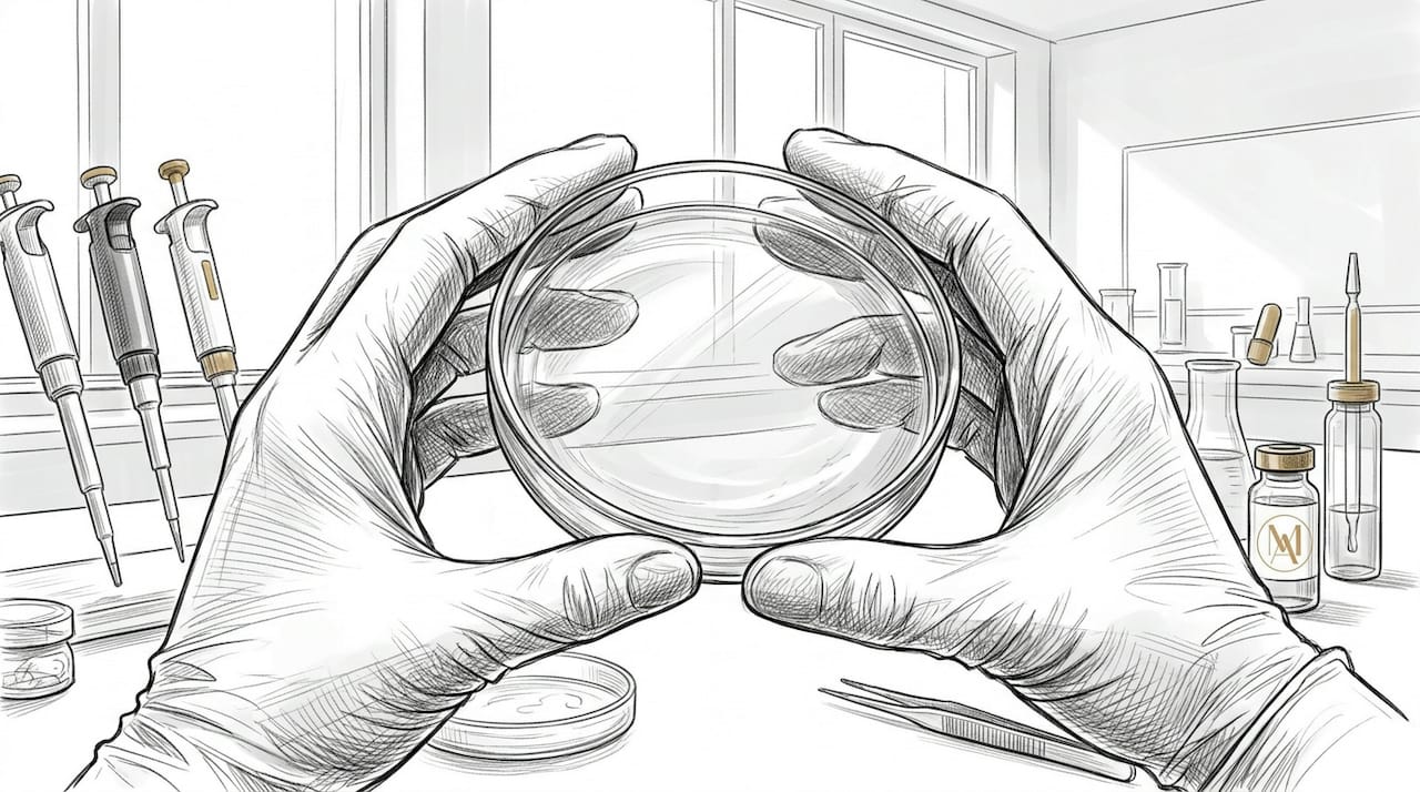 Hands holding petri dish with skincare growth factors