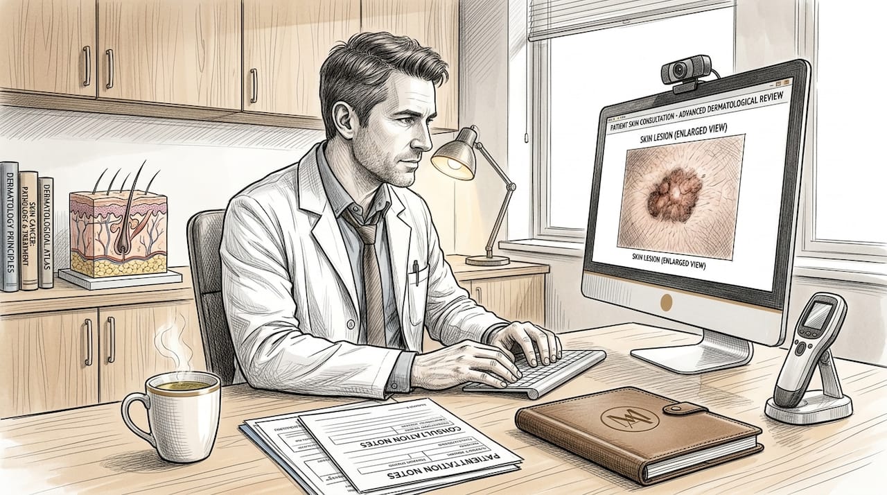 Dermatologist conducting virtual skin consultation from clinic