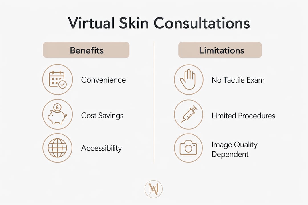 Infographic comparing benefits and limitations of virtual skin consultations