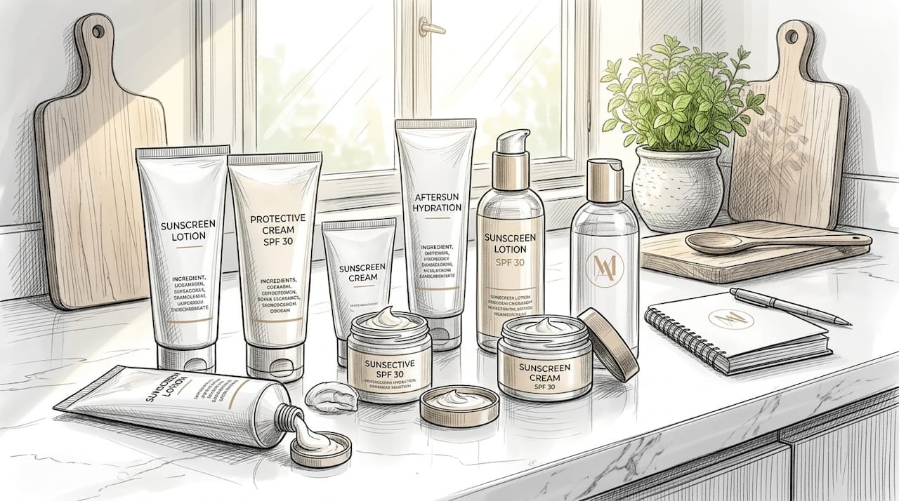Various sunscreen bottles arranged on bathroom vanity