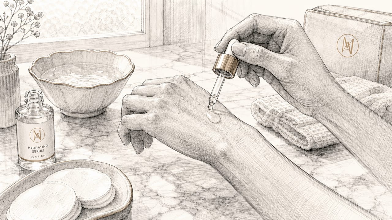 Hands applying serum onto skin close-up