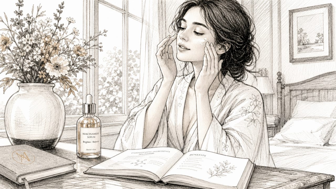 Woman applying niacinamide serum at vanity