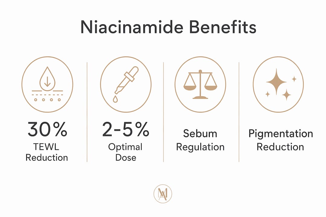 Infographic showing niacinamide skincare benefits with key statistics
