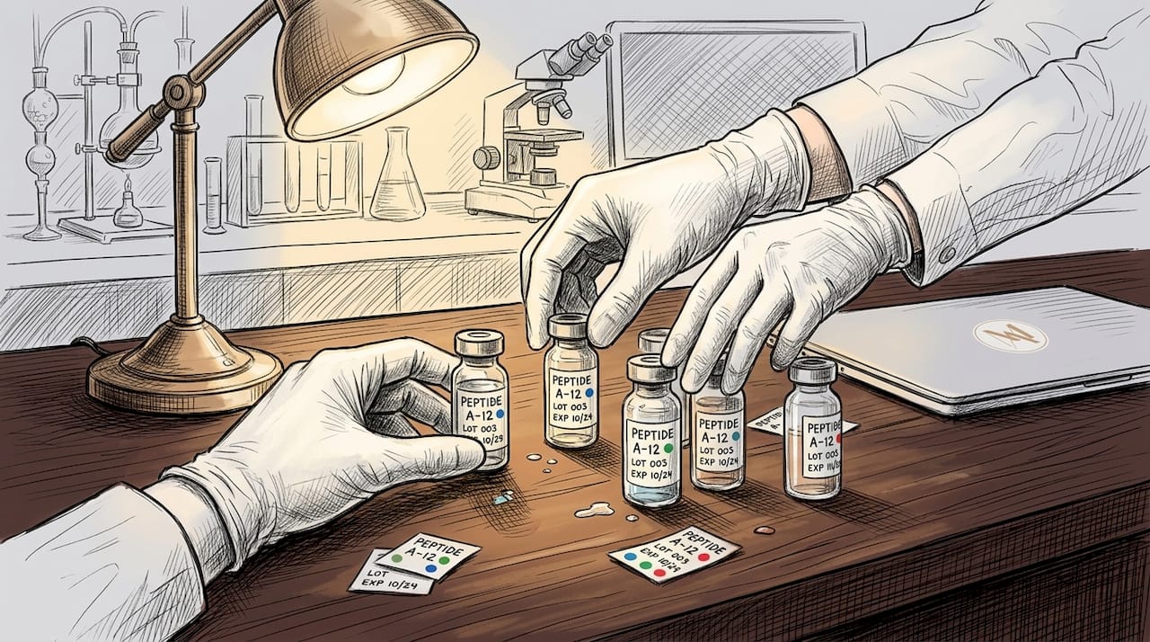 Scientist handling peptide serum vials in lab