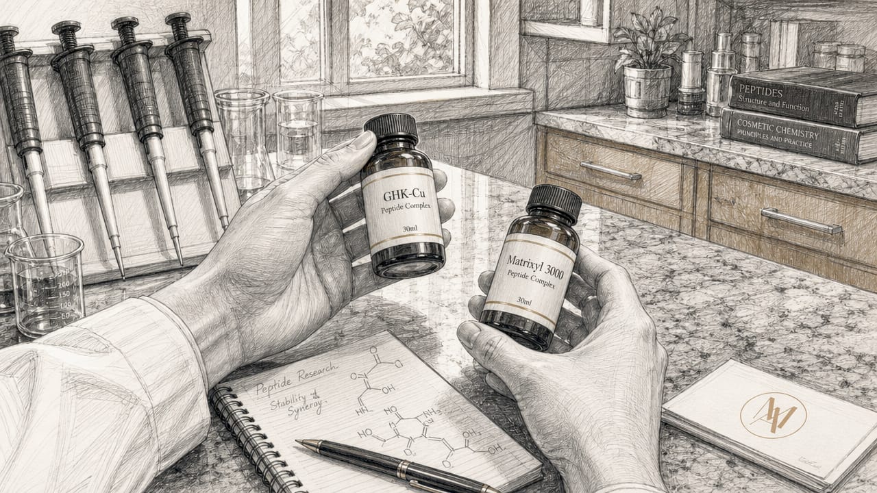 Hands holding anti-aging peptide serum bottles