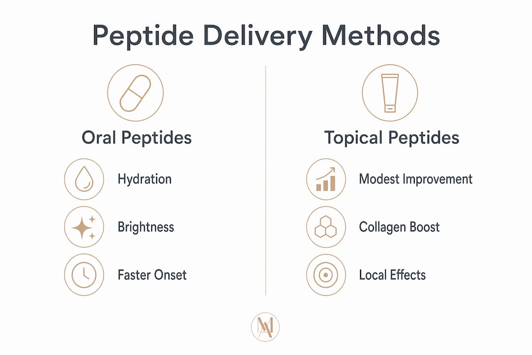 Infographic contrasting oral and topical peptide benefits
