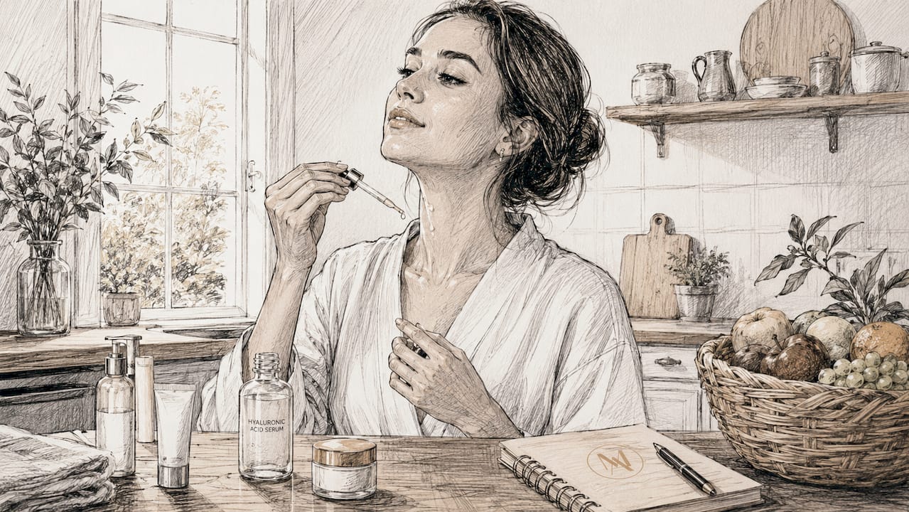 Woman applying hyaluronic acid serum