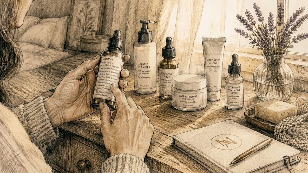 Hands comparing dermatologist skincare products' ingredients
