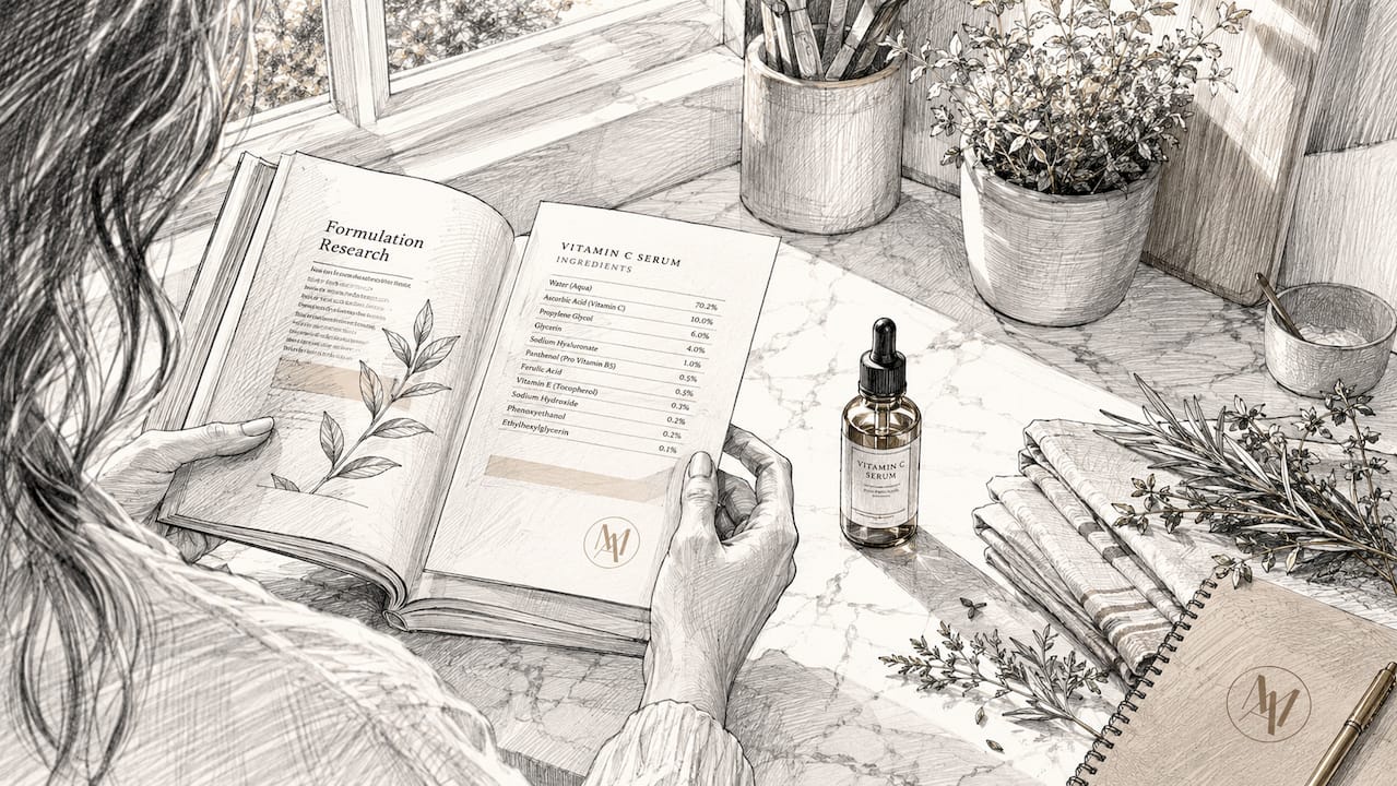 Hands reviewing vitamin C product ingredients at home