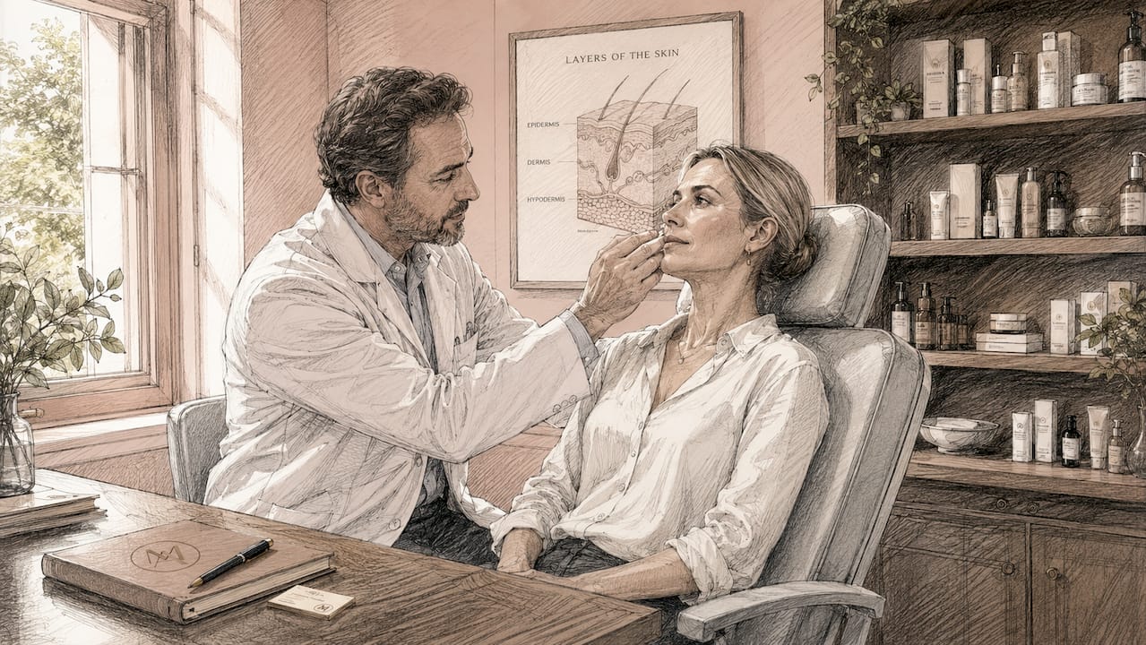Dermatologist examining skin on patient