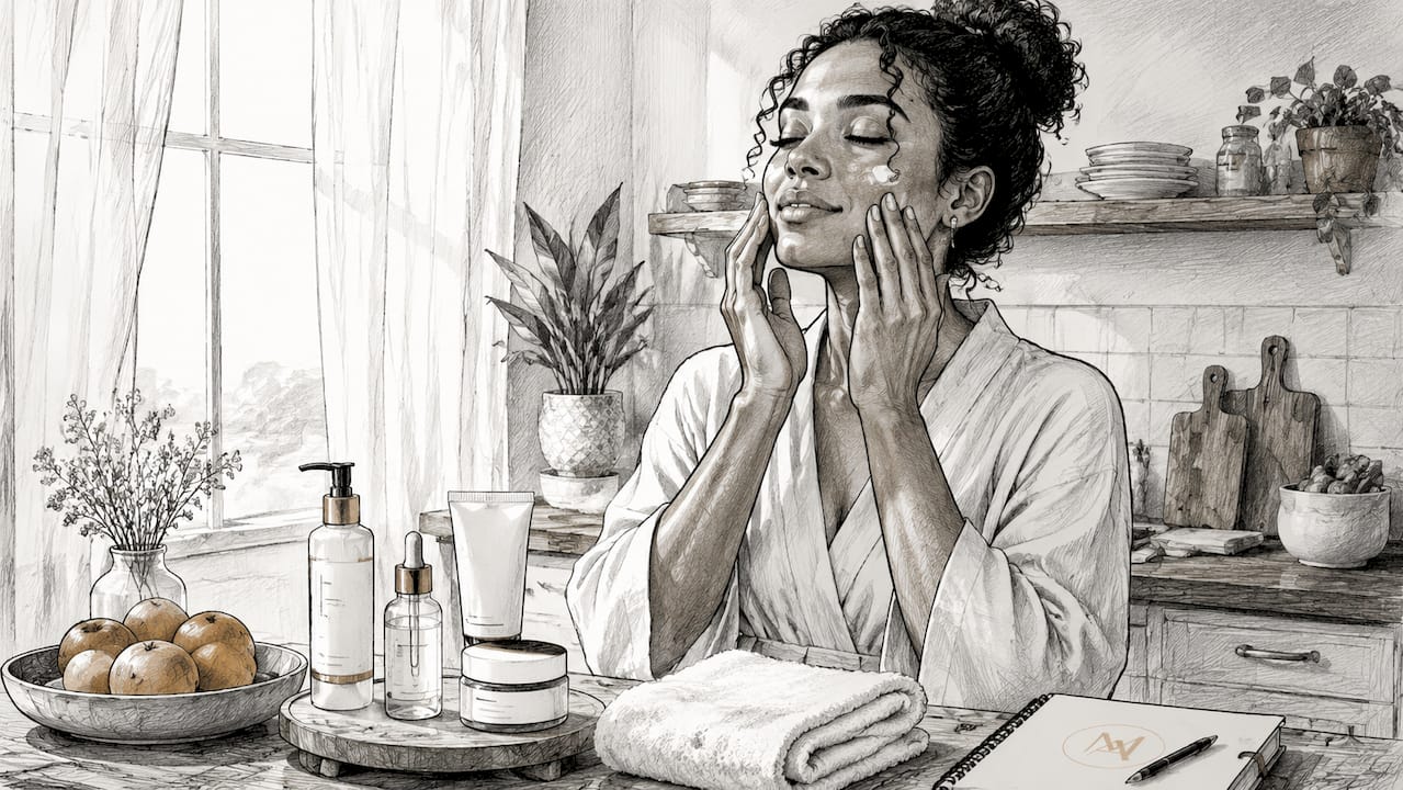 Hands applying moisturizer on face in bathroom