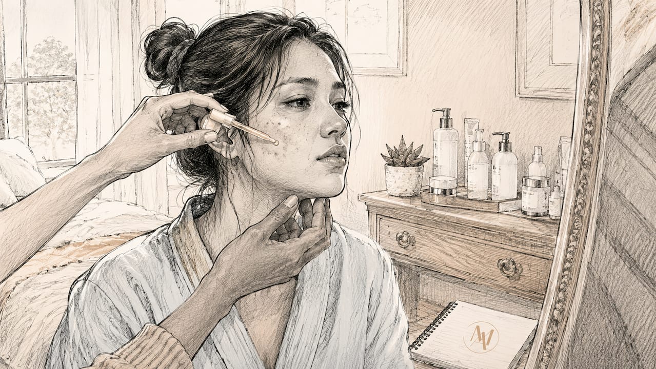 Close-up of hands applying acne treatment serum