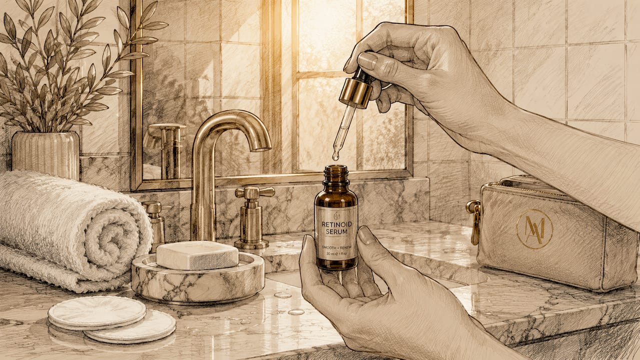 Close-up of hands holding retinoid serum bottle