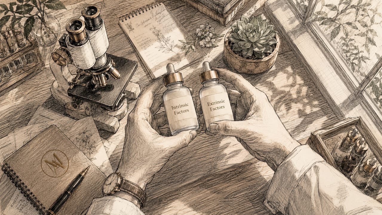 Hands holding vials representing skin aging factors in a lab